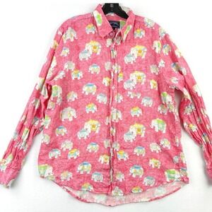 Michaels Morocco Linen Shirt Mens Size L Pink Elephant Print Button Long Sleeve